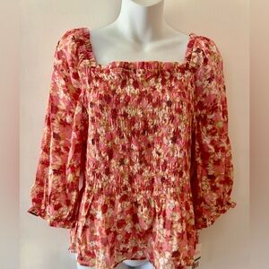 Nanette Lepore Floral Smocked Blouse - Red and Cream